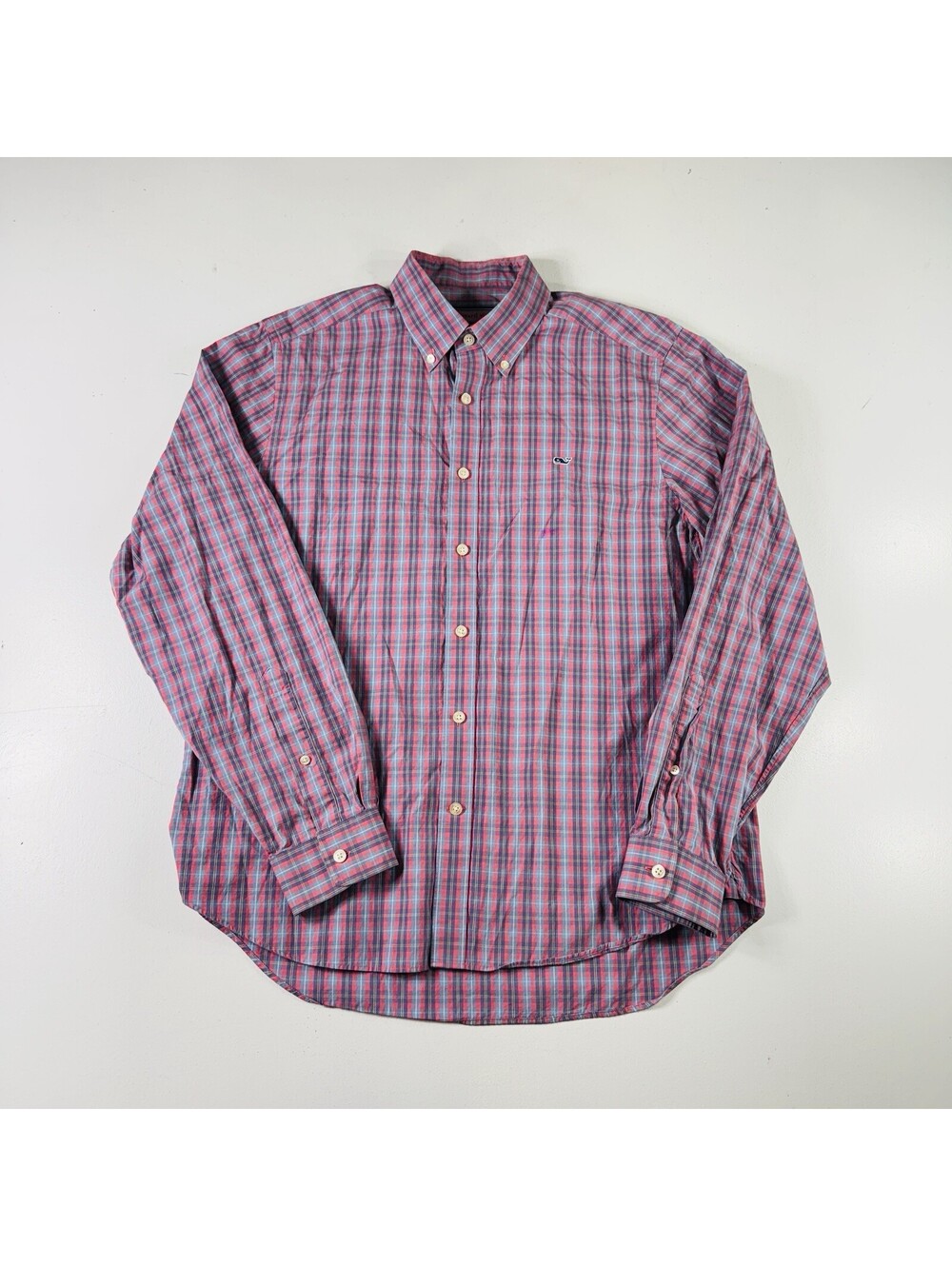 Vineyard Vines Collegiate Shirt Long Sleeve Blue Pink Plaid Men’s Size Medium